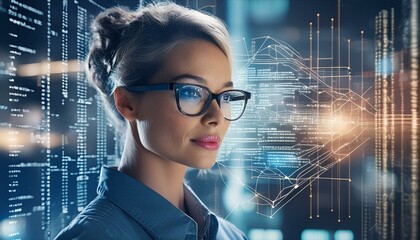 Software, data hologram and woman with code analytics, information technology and gdpr overlay. Programmer coding or IT person in glasses reading html script, programming and cyber security research