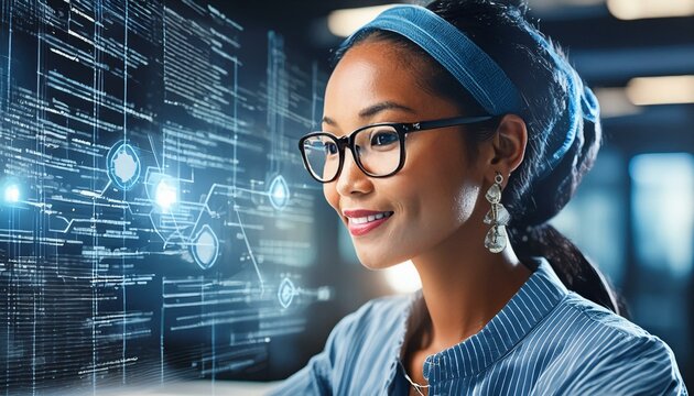 Software, data hologram and woman with code analytics, information technology and gdpr overlay. Programmer coding or IT person in glasses reading html script, programming and cyber security research - Powered by Adobe