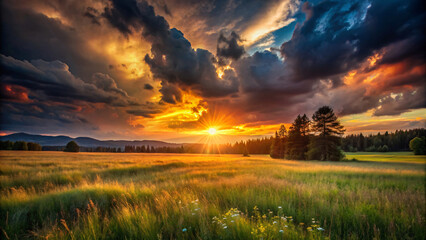 Beautiful summer landscape with a glowing sunset over a green field - Powered by Adobe