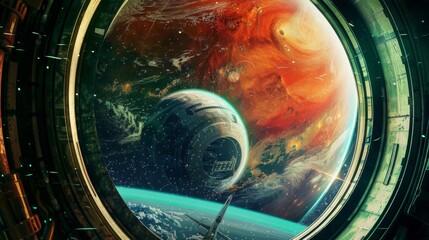 Colorful Gas Giant Planet Seen Through Porthole from Retro-Futuristic Space Station AI.