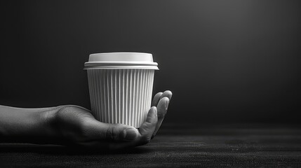 Hand holding takeaway paper coffee cup with copy space