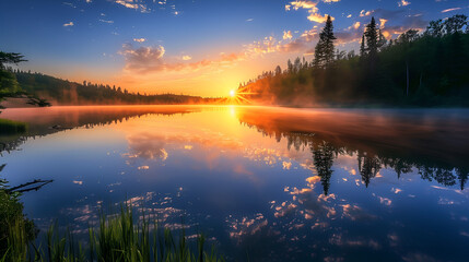 a serene lakeside reflection at sunrise