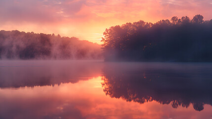 a serene lakeside reflection at sunrise