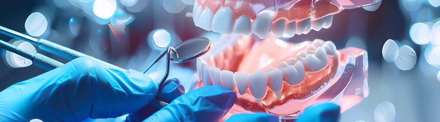 Dental hands in blue gloves use dental tools to heal teeth on an abstract background with a hologram of a human jaw and model tooth close up. A concept for mouth care and aesthetics in a beauty salon. - Powered by Adobe