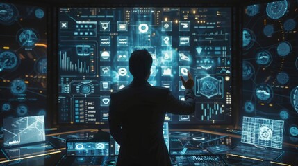 "Person interacts with futuristic data interface, surrounded by holographic screens and advanced technology in a high-tech control room."