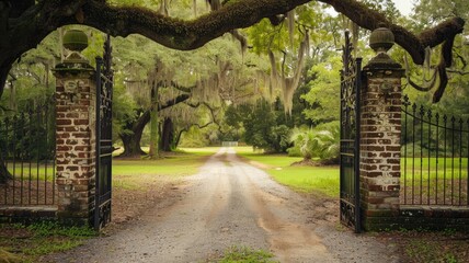 Obraz premium Rustic brick gates open to tranquil tree-lined pathway under hanging moss