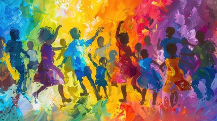 Colorful abstract painting of diverse children dancing with vibrant backgrounds