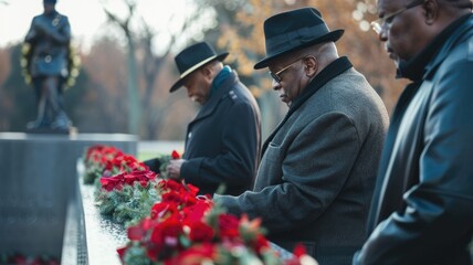 Three men in winter clothing pay respects at memorial with red flowers