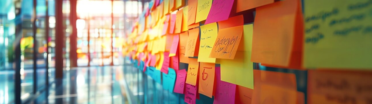 Colorful sticky notes with handwritten words on the wall, each note in varying colors and sizes, representing ideas or pitches for new projects, blurred background of an office environment with natura