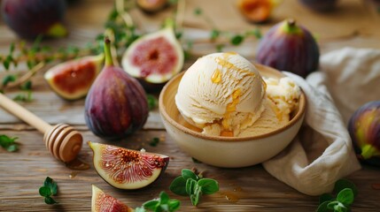 Creamy vanilla ice cream served with fresh figs and honey drizzle