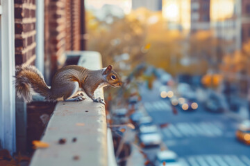 A squirrel navigates a narrow ledge of a building, with a bustling city scene below, showcasing the coexistence of urban life and wildlife