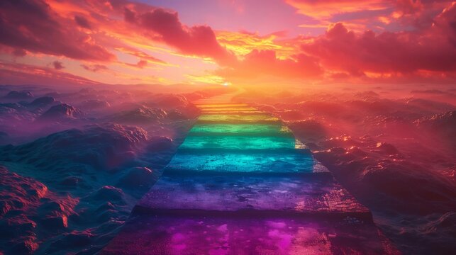 Digital illustration of a luminous rainbow bridge extending over a surreal mountainous terrain bathed in sunset hues