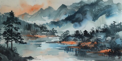 japanese landscape, Japanese watercolor, black, terracotta, gray-blue