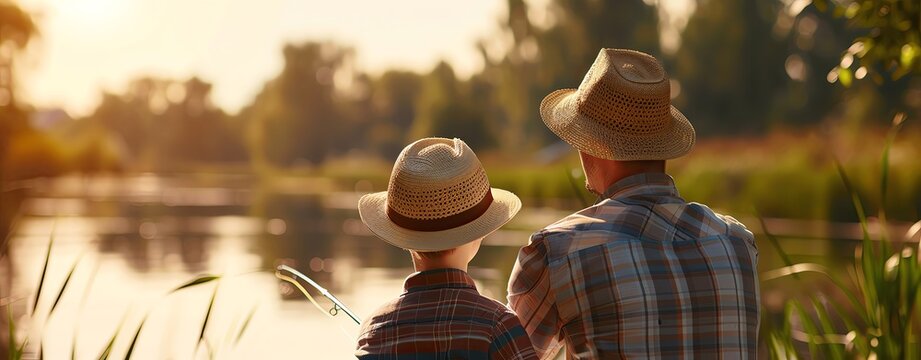 Close up of a father and son fishing together by the lake, wearing sun hats, enjoying nature, beautiful landscape, blurred background, copy space for text on the right side, summer time, shot from beh