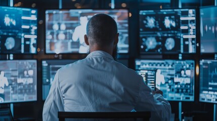 A data analyst monitoring multiple screens, examining complex information and graphs in a high-tech control room.