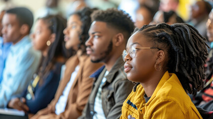 Group of young people attentively listening in classroom setting