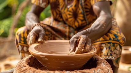 African woman shaping clay pottery by hand outdoors