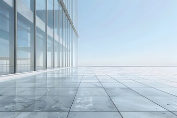 Fototapeta premium Abstract Exterior of Sleek Modern Glass and Steel Office Building Reflecting Geometric Cityscape