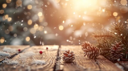 wallpaper snow scenery on a wooden table against a blurred background, adorned with delicate decorations