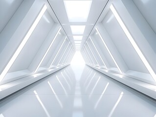 Obraz premium Futuristic Sci-Fi Triangle Tunnel with Illuminated Modern White Corridor and Minimalist Architecture
