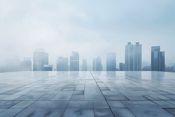 Fototapeta premium Hazy Cityscape with Tiled Floor Featuring Towering Modern Skyscrapers