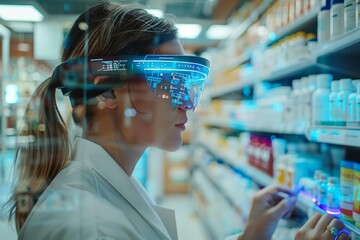 A closeup of a pharmacist using augmented reality glasses to check a prescription