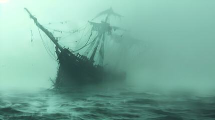 Obraz premium wooden ship sinking in misty sea