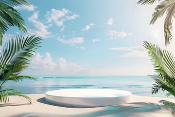 Fototapeta premium Tropical Beach Podium Display for Summer Product Showcase on Serene Ocean Backdrop