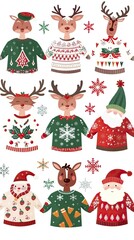 Fototapeta premium Christmas jumper with reindeer, elf, Santa head and hat vector cartoon set isolated on a white background