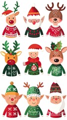 Christmas jumper with reindeer, elf, Santa head and hat vector cartoon set isolated on a white background