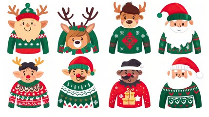 Christmas jumper with reindeer, elf, Santa head and hat vector cartoon set isolated on a white background