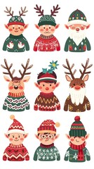 Christmas jumper with reindeer, elf, Santa head and hat vector cartoon set isolated on a white background