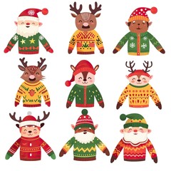 Fototapeta premium Christmas jumper with reindeer, elf, Santa head and hat vector cartoon set isolated on a white background