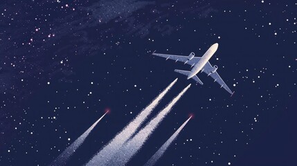 Illustration of an airplane flying in the night sky, leaving behind two trails of smoke. The plane is shown from below against stars and darkness.
