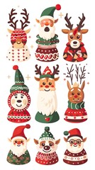 Christmas jumper with reindeer, elf, Santa head and hat vector cartoon set isolated on a white background