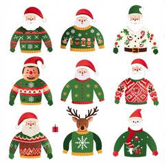Christmas jumper with reindeer, elf, Santa head and hat vector cartoon set isolated on a white background