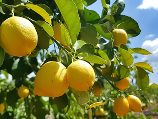 Fresh lemons on the tree in a lemon farm, ready to be picked and marketed. Sunny and fresh weather.