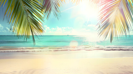 Obraz premium A sunny tropical beach with palm leaves and a paradise atmosphere, perfect for vacation and relaxation.