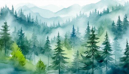 Watercolor landscape. Coniferous forest and morning fog