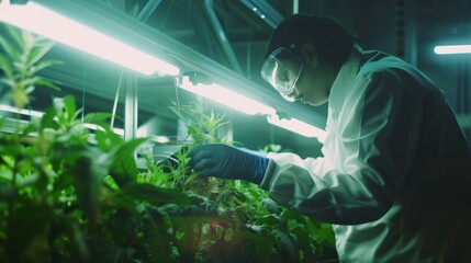 Scientist in a laboratory coat and safety goggles carefully examines plants under fluorescent lights in a controlled environment.