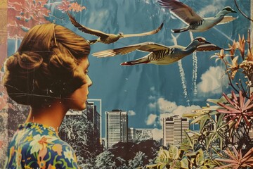 Obraz premium Cityscape encounter woman and birds flying over urban landscape in fashionable collage artistry with travel and beauty elements