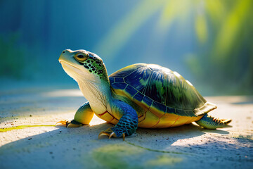 A slow reptile with a shell, found in various habitats like basking on rocks, swimming in water, or munching on grass