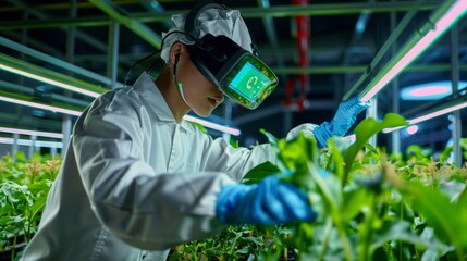 "High-tech agriculture: scientist in VR headset analyzes plants in futuristic indoor farm, embracing innovative farming technologies."
