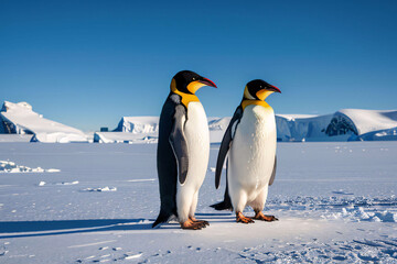 Fototapeta premium Adorable penguins huddle together on the icy expanse of Antarctica