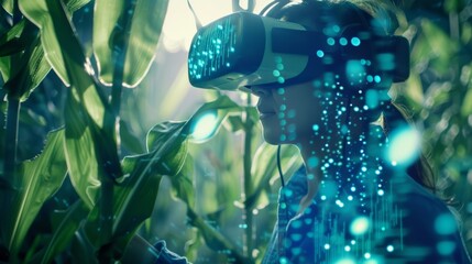 A person using virtual reality headset in a lush forest, surrounded by glowing digital data streams, blending technology with nature.