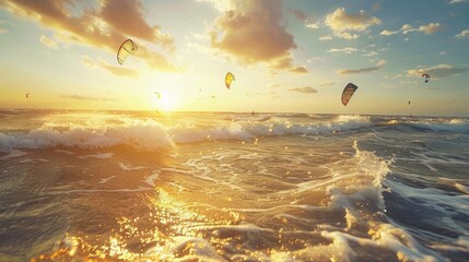 Kite surfers in action on the sea, wind and waves in the sunset light. Kitesurfing sport concept. , real photo