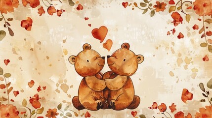 Blank vintage card for National Hugging Day, showcasing elements of hugging bears and hearts in watercolor styles, offering a large copy space on center for text
