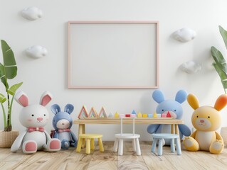 A room with a white wall and a picture frame