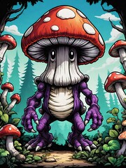 cartoon illustration of funny mushroom on the forest background