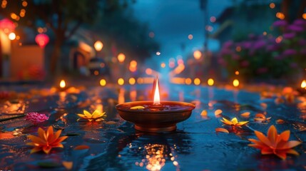 Celebrating Diwali with Lit Candles and a Pond Reflection at Night